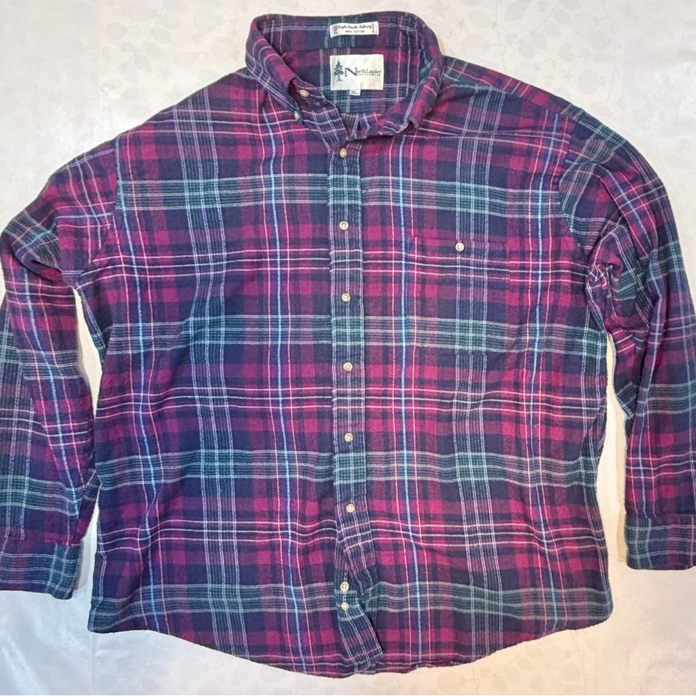 NorthLander Men's Casual Plaid Flannel Shirt - Purple, Blue, Green and White